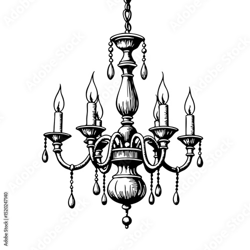 Vintage chandelier sketch illustration in black and white  