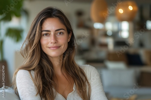 Smiling Brunette Woman in Cozy Modern Decor. Natural Light Portrait Indoors