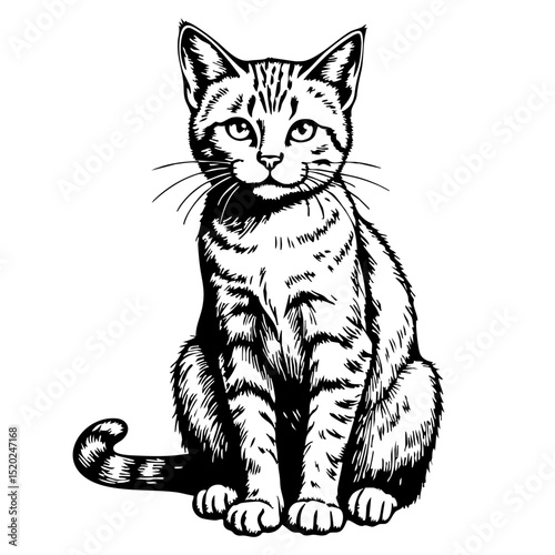 Tabby cat illustration in vintage sketch style with detailed lines  