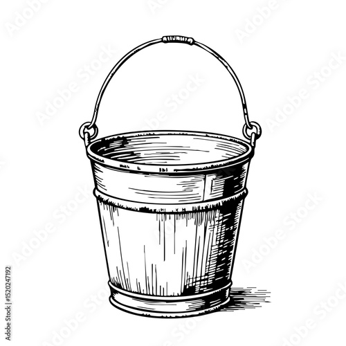 Vintage sketch of a metal bucket with a handle and wooden texture  