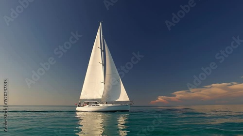 Setting sail on clear waters under sunset sky in a tranquil sailing adventure