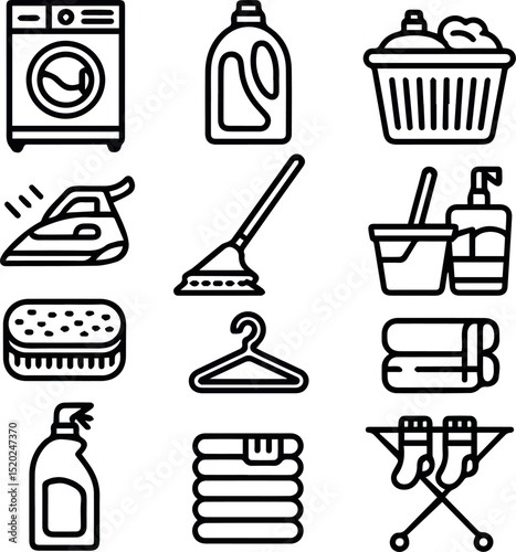 Laundry cleaning supplies icons set washing machine ironing board detergent art home line tidy style black