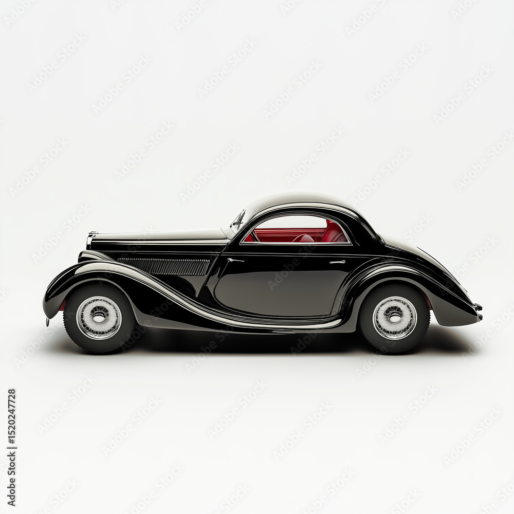 Fototapeta premium Black Classic Car Model on White Background – Vintage Collectable Toy Vehicle in Side View, Retro Automobile Miniature