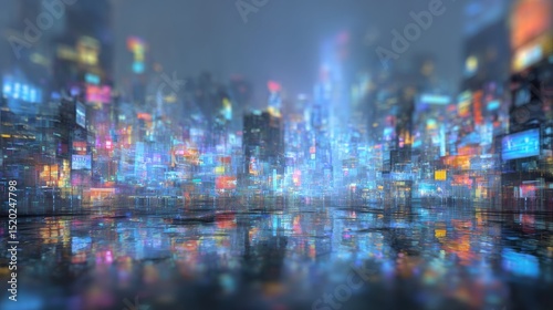 The concept of a never-sleeping business hub is illustrated through 3D renderings of illuminated billboards and advertisements on modern city buildings, with puddles on the street reflecting the