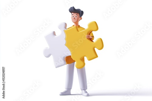 A cartoon character holds two puzzle pieces, one white and one yellow