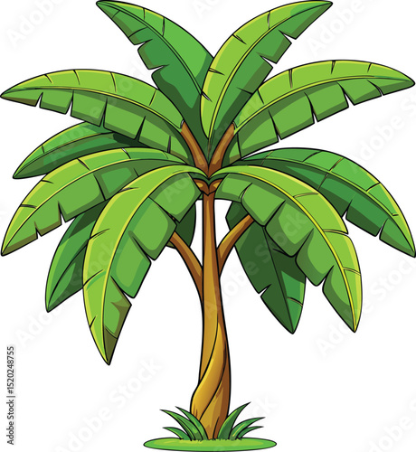  Cartoon Banana Tree with Green Leaves and Grass 