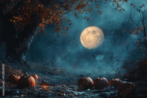 Halloween night pumpkins under a full moon