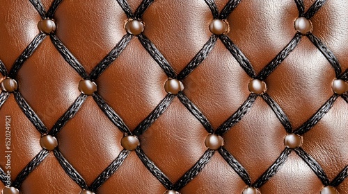 Brown leather upholstery with dark cord diamond tufting and button accents