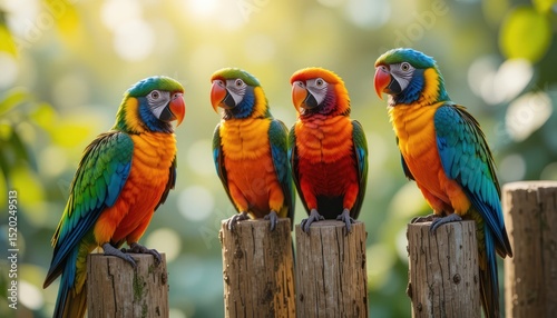 A vibrant pair of blue and yellow macaws perch on a branch, showcasing their colorful tropical feathers photo