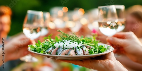Waiter serving traditional Swedish pickled herring with cream and chives on fresh greens, while friends and family toast with wine during a festive Midsummer celebration.