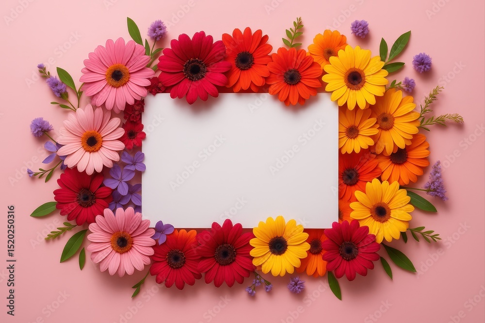Obraz premium white blank card with floral border of red, yellow, and purple flowers.