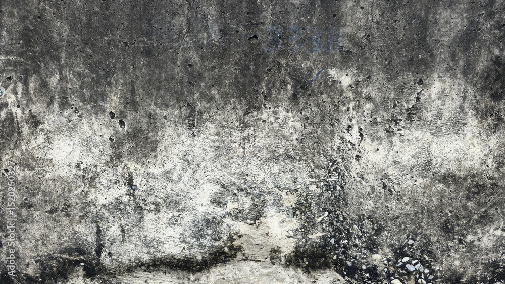 Fototapeta premium The old gray cement wall is stained, peeled, and has a peeling surface. The wall has been stained with black stains over time. Walls of ancient buildings. Texture and background image.
