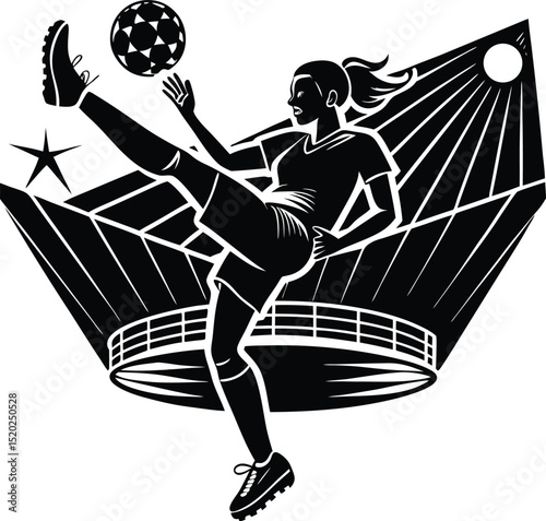 Female Soccer Player Kicking Ball in Stadium Illustration