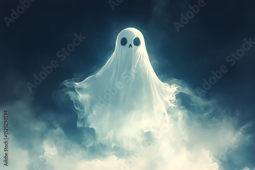 Foggy white ghost in a sheet on a blue background with no additional items, Halloween-themed background