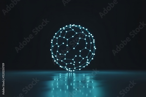 Abstract glowing network sphere on a reflective surface in a dark environment