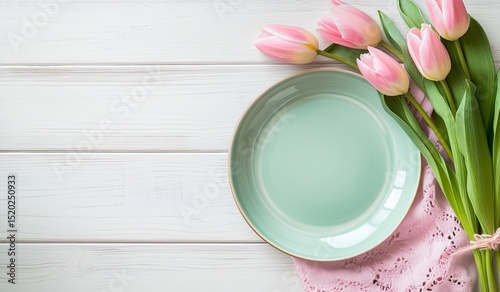 Pastel pink tulips and mint green plate on a light wood surface
