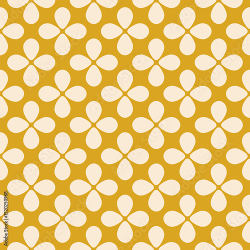 Abstract funky vector seamless pattern. Simple floral ornament with bold flower silhouettes, leaves. Cute yellow and beige texture. Retro nostalgic old-fashioned groovy background. Repeated design