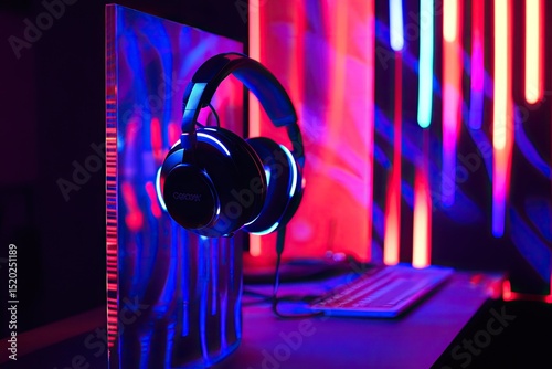 Headphones displayed against vibrant lighting