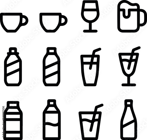 Collection of drink beverage icons cups bottles glasses beverage line art set bar pub tea menu cafe soda beer