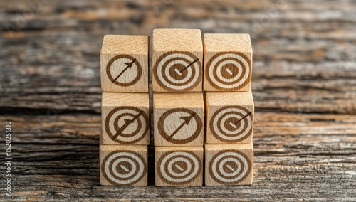 Wooden blocks with target and arrow icons arranged in a grid