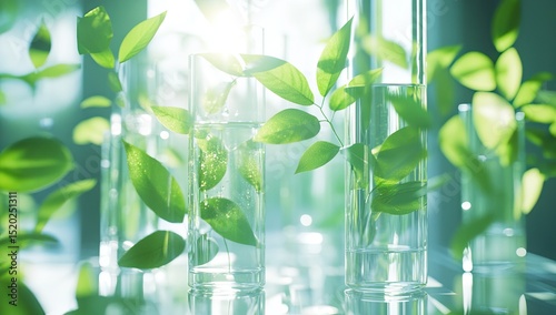 Nature-inspired laboratory setting.  Fresh green leaves in clear glass tubes