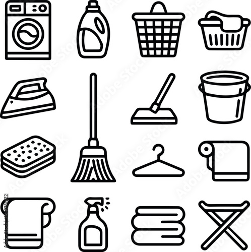 Cleaning supplies icons set laundry house cleaning broom mop bucket towel iron washing machine spray bottle
