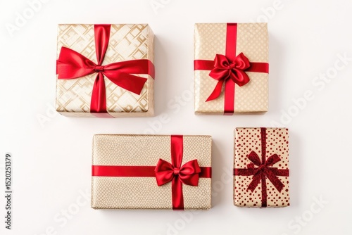 Four gift boxes arranged, adorned with red ribbons and gold patterned wrapping paper