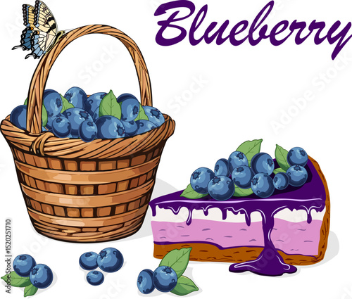 Blueberries in a basket and dessert.Vector illustration with blueberries in a wicker basket and sweet cheesecake on a transparent background with text.