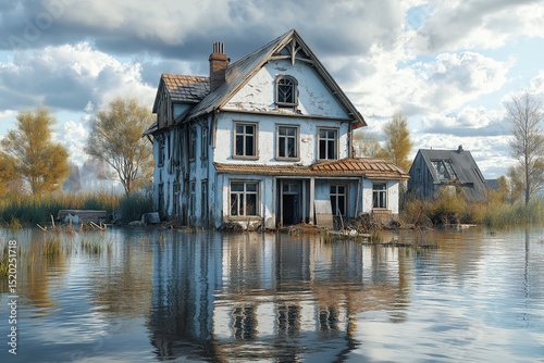 Abandoned House Reflects Water Damage in Flooded Rural Landscape - Haunting Beauty of Rustically Weathered Architecture