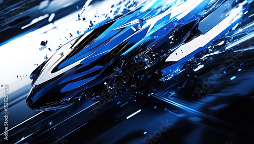 Futuristic, high-speed vehicle in motion, dynamic lines and shattered pieces