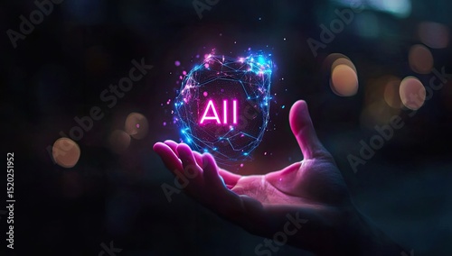 A hand holds a glowing, holographic sphere displaying the word 