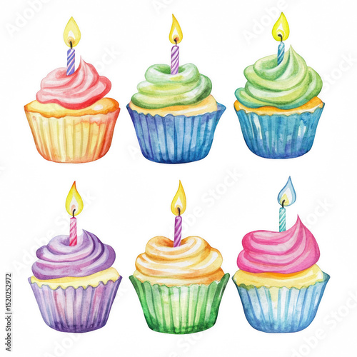 Birthday Celebration Cupcakes with Candles and Waterc