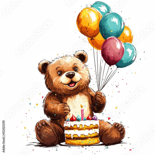 Birthday Bear with Cake and Balloons