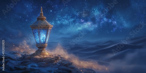 A genie emerges from a bottle in the desert under a lamp of wishes