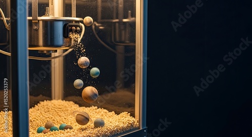 A claw machine interior scene displays floating spheres and pellets under soft lighting. Spheres in varied textures and colors against the pale interior and dark backdrop.