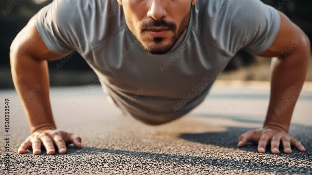 A man is focused on his exercise routine as he performs push-ups on a smooth asphalt surface under bright sunlight. The atmosphere is energetic, emphasizing determination and strength