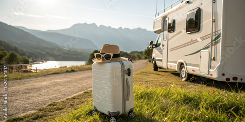 Rv camping trip with suitcase, hat, and sunglasses in scenic mountain landscape for outdoor adventure
