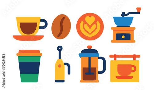 Flat vector icons of coffee culture: espresso cup, coffee bean, latte art, coffee grinder, to-go cup, milk frother, French press, coffee shop sign.