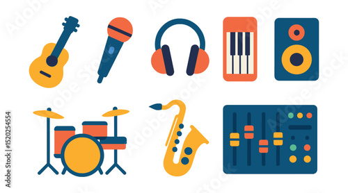 Flat vector icons of music gear: guitar, microphone, headphones, piano, drum kit, saxophone, mixing console, speaker.