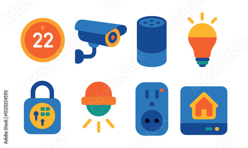 Flat vector icons of smart home tech: smart thermostat, security camera, voice assistant, smart lighting, smart lock, motion sensor, smart plug, home hub.