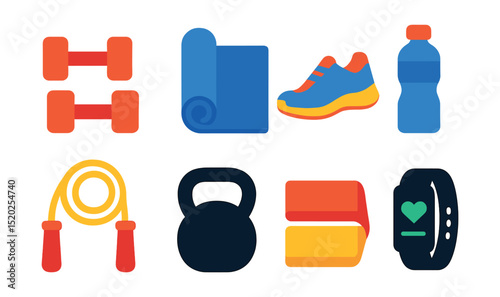 Flat vector icons of fitness equipment: dumbbells, yoga mat, running shoes, water bottle, jump rope, kettlebell, resistance bands, fitness tracker.