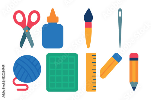 Flat vector icons of creative DIY tools: scissors, glue bottle, paintbrush, sewing needle, yarn ball, cutting mat, ruler, pencil.