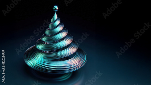 Modern 3D metallic spiral Christmas tree set against a dark background, perfect for contemporary holiday decor, minimalist, abstract, or futuristic Christmas aesthetics.