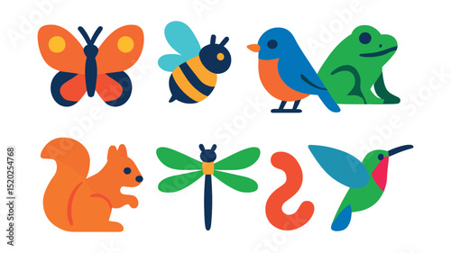 Flat vector icons of garden wildlife: butterfly, bee, bird, frog, squirrel, dragonfly, worm, hummingbird.