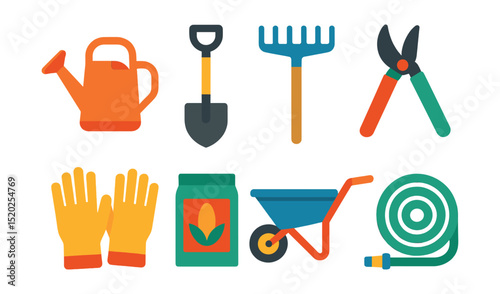Flat vector icons of gardening tools: watering can, shovel, rake, pruning shears, garden gloves, seed packet, wheelbarrow, garden hose.
