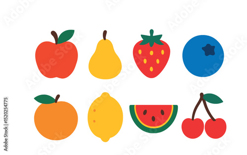 Flat vector icons of fruits: apple, pear, strawberry, blueberry, peach, lemon, watermelon, cherry.