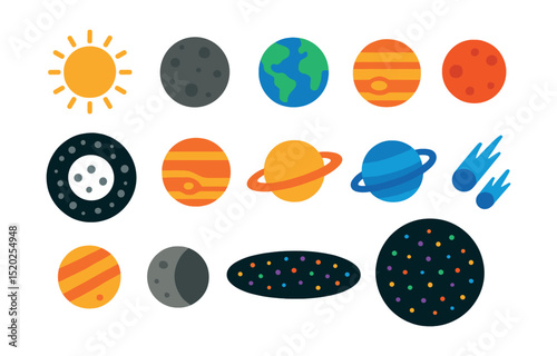 Flat vector icons of solar system: sun, inner planets, asteroid belt, outer planets, dwarf planets, Kuiper belt, Oort cloud, comets.