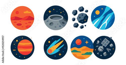 Flat vector icons of extraterrestrial environments: Martian surface, lunar crater, asteroid field, icy moon, gas giant atmosphere, comet tail, exoplanet surface, space debris.
