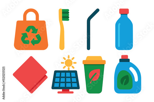 Flat vector icons of eco-friendly products: reusable bag, bamboo toothbrush, metal straw, glass bottle, cloth napkin, solar charger, compostable cup, eco detergent.