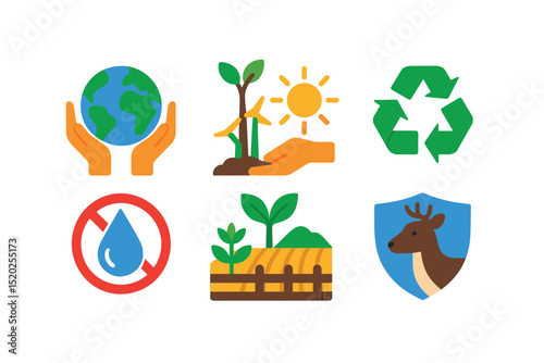 Flat vector icons of earth conservation: hands holding earth, tree planting, renewable energy, recycling, clean water, protected area, sustainable farming, wildlife protection.